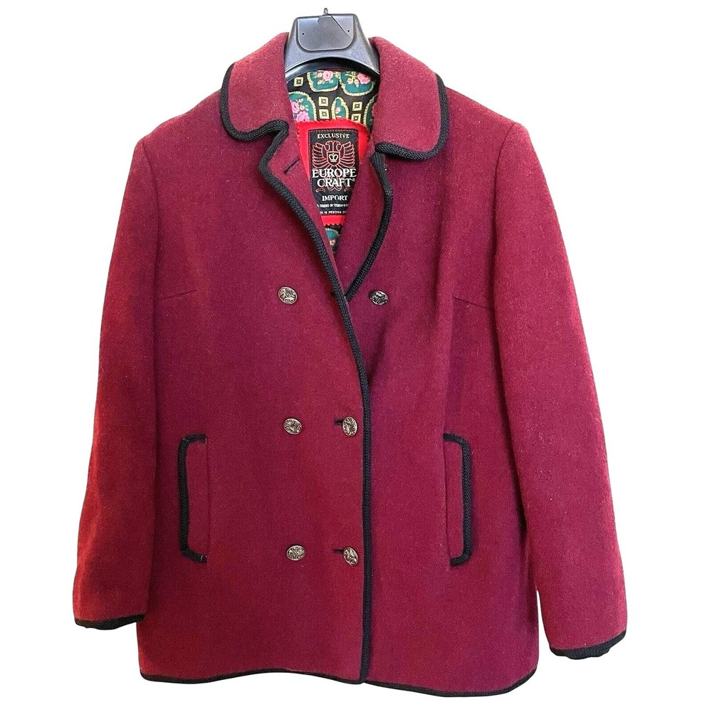 Vintage‎ Europe Craft Wool Jacket Coat Double Breasted M Equestrian Burgundy